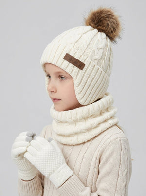 #White Kids Ear Flap Plush Pom Knit Hat Scarf Gloves Set