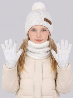 #White Kids Pom Pom Fleece Knit Hat Scarf Gloves Set