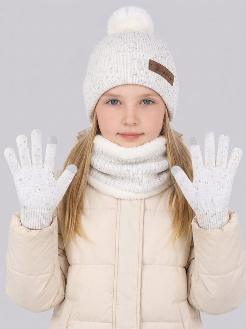 #White Kids Pom Pom Fleece Knit Hat Scarf Gloves Set