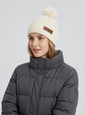 #White Women Cable Knitted Pom Beanie Hat