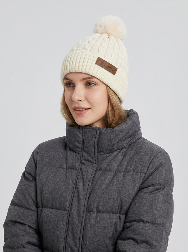 #White Women Cable Knitted Pom Beanie Hat