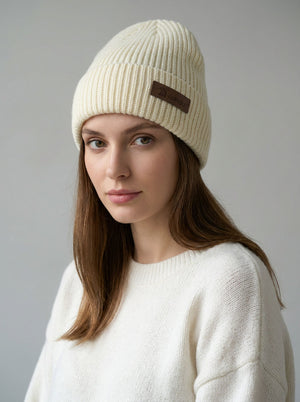 #White Women Rib Knit Leather Patch Beanie Hat