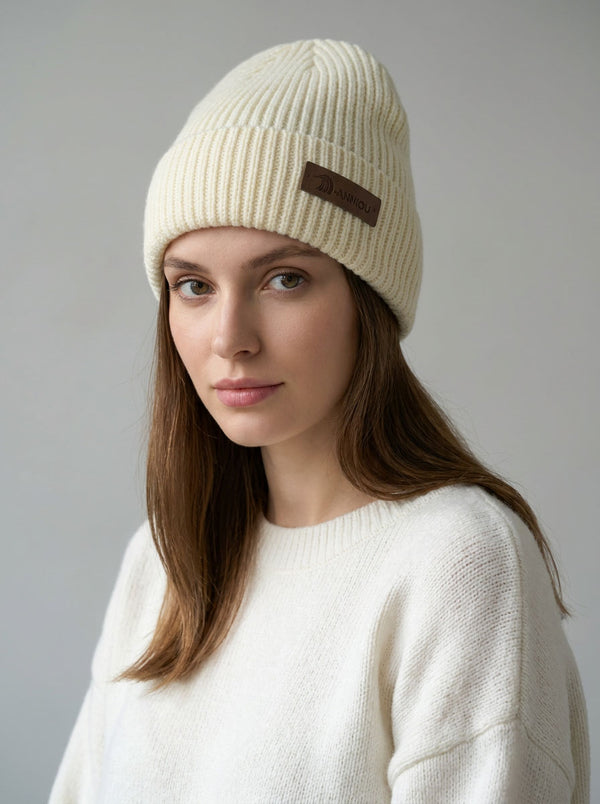 #White Women Rib Knit Leather Patch Beanie Hat