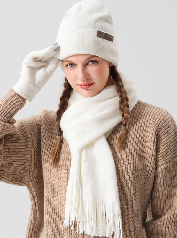 White  Women Soft Knitted Hat Scarf Glove Set