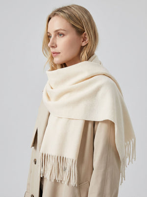 #White Women Solid Cream Herringbone Woven Scarf