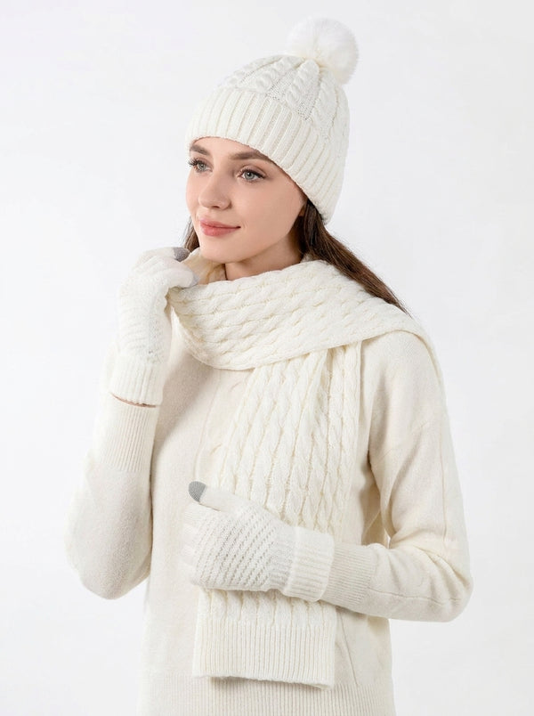 #White Women Twisted Cable Pattern Knit Hat Scarf Gloves Set