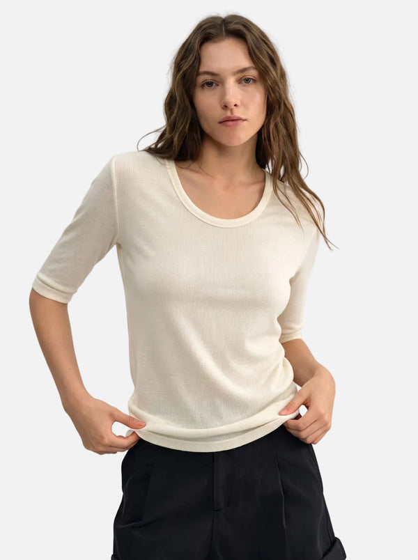 #White Wool Blend Mid Sleeve Base Layer Top
