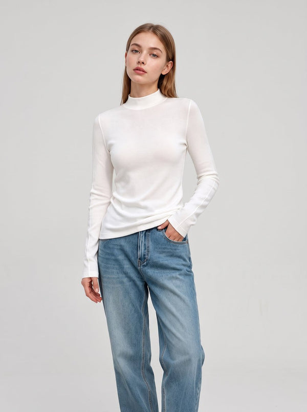 #White Wool Blend Thermal Mock Neck Shirt