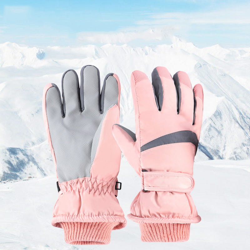 Pair of pink and gray gloves with a mountainous background showing front andf back