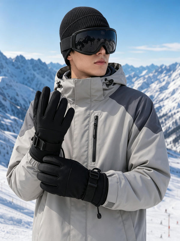 Male model wearing #black ski gloves, beanie and ski goggles. He stands on‑site at a snowy mountain ski resort with snow‑covered peaks in background, showcasing the winter gloves worn on both hands.