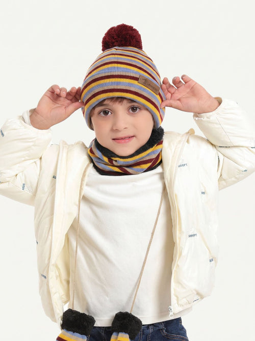 #WineRed  Red Kids Striped Knit Hat Scarf Mittens  Set