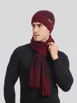 #WineRed Men Color Block Rib Knit Hat Scarf  Gloves Set