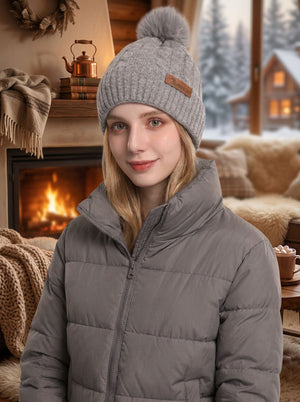 #Grey Women Cable Knitted Pom Beanie Hat