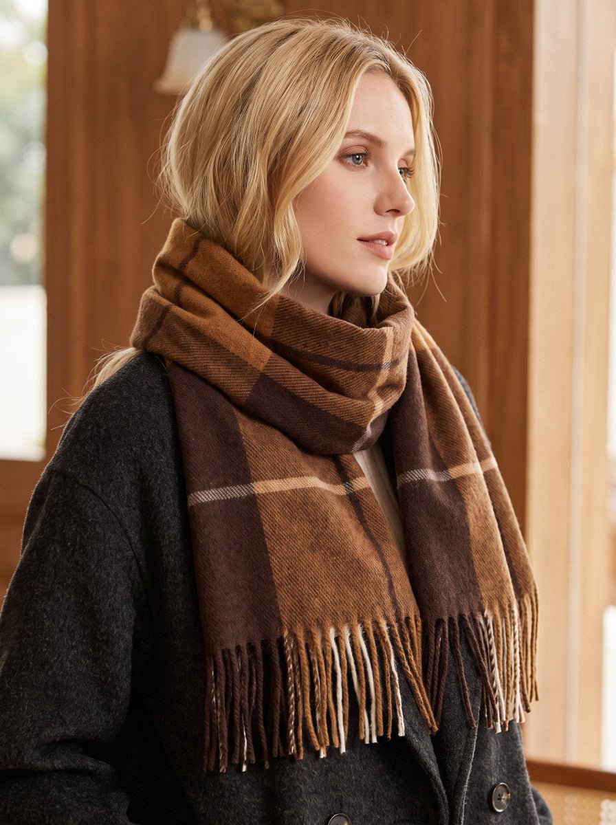 #Brown Women Checkered Tassel Scarf