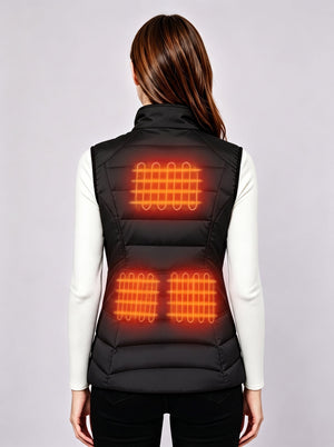 Back view of women's black heated vest, visual glowing heating elements on upper back and lower back
