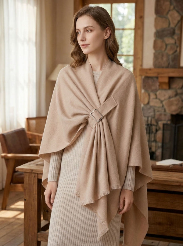 #Beige Women Fringe Poncho Shawl Wrap Cape Scarf