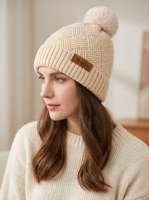 #IvoryWhite Women Grid Jacquard Pom Knit Beanie Hat