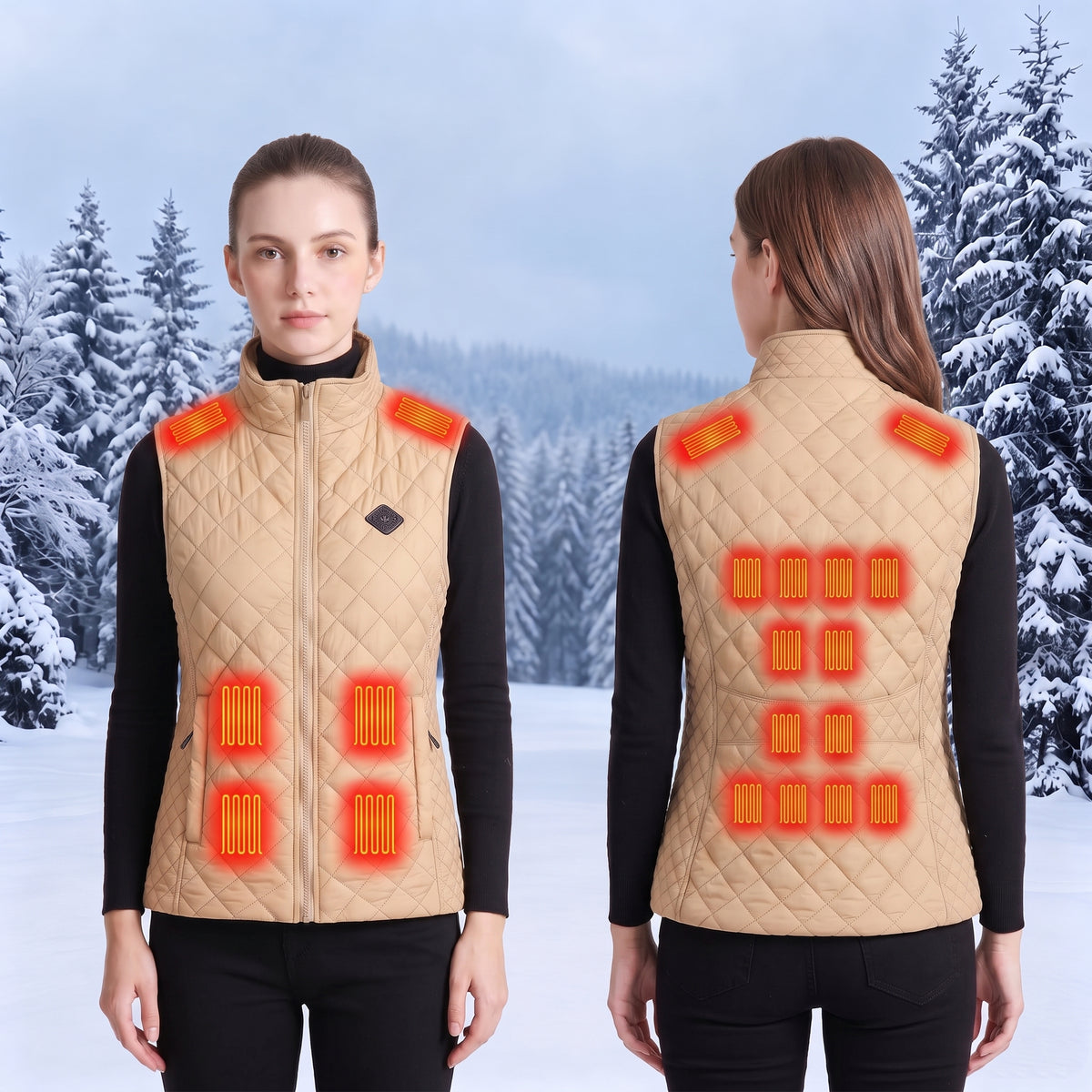 Front and back view of Khaki women heated vest, marked red heating zones on shoulder, chest, abdomen and back, diamond quilting design, winter snow forest background, show heating areas of thermal gilet