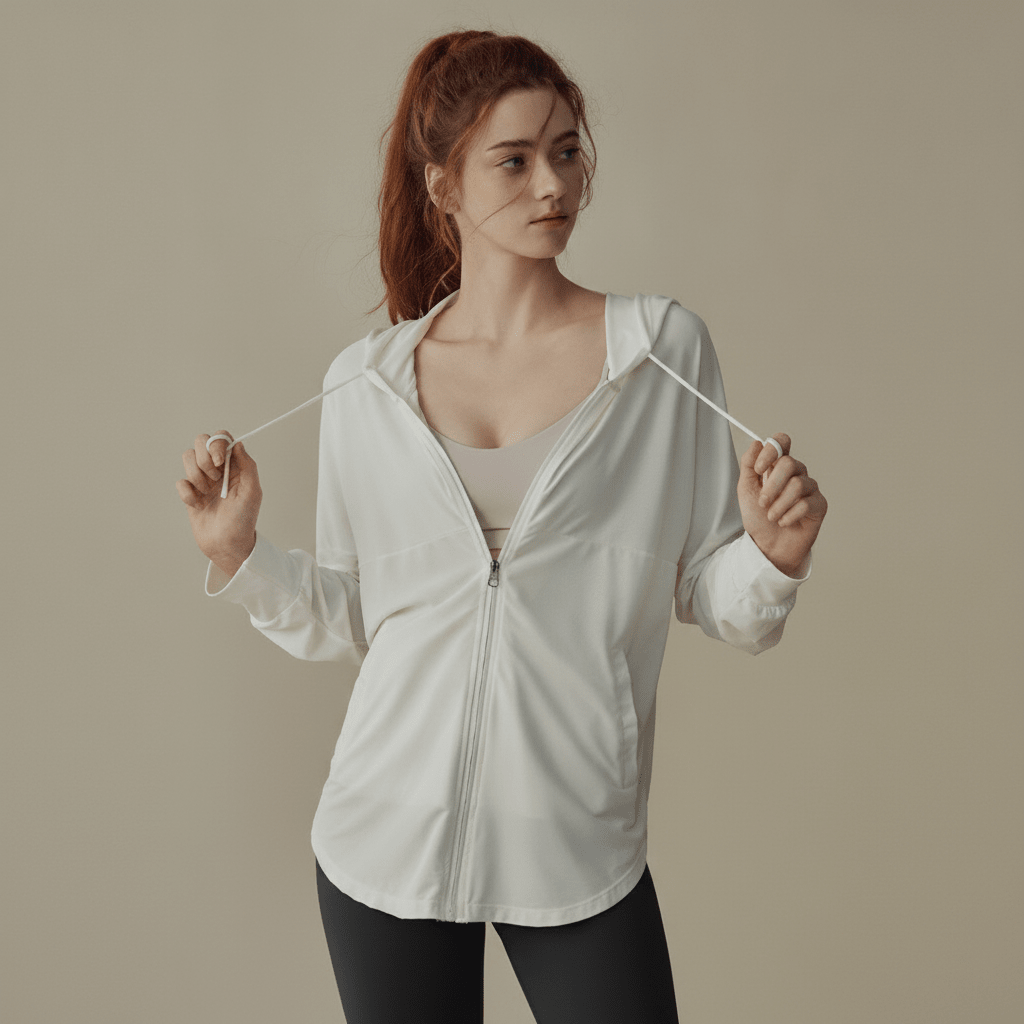 Women  White Hooded Yoga Sun Protection Jacket