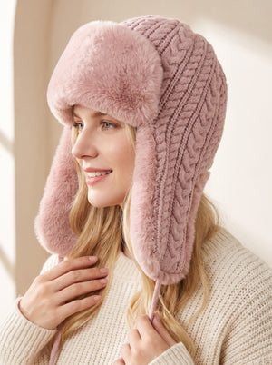 #Pink Women  Knit Faux Fur Ear Flap Trapper Hat