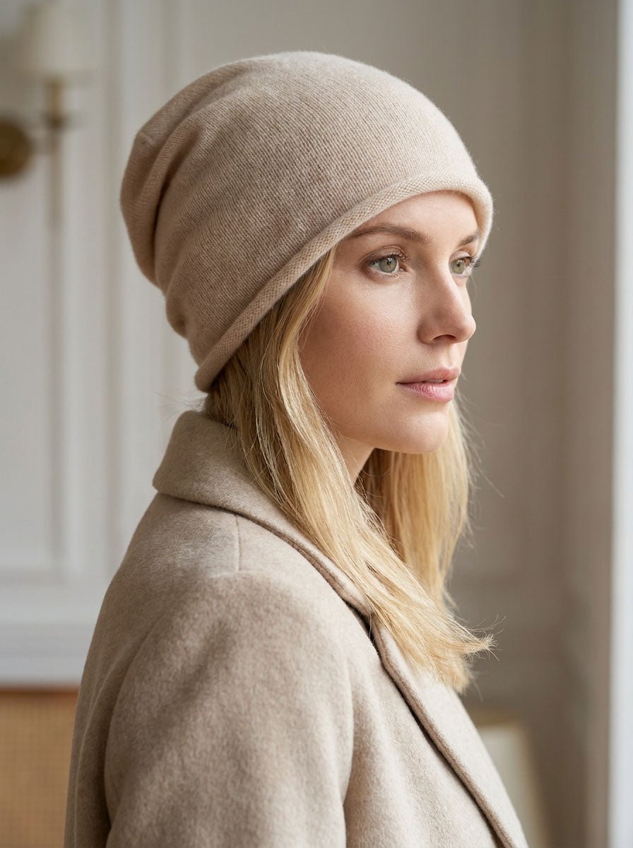 #Beige Women Pure Cashmere Slouchy Beanie Hat