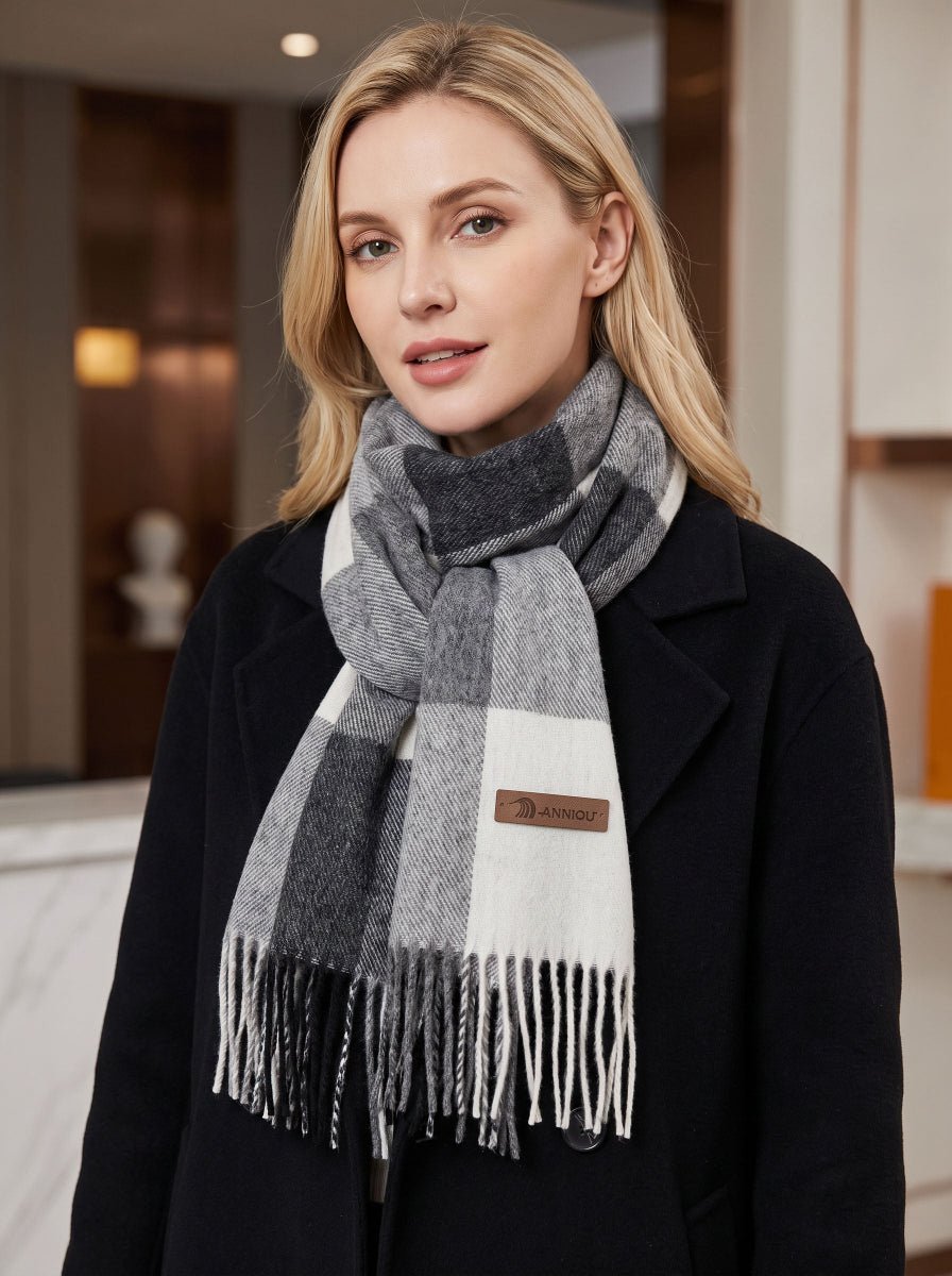 #Black Women Pure Wool Tassel Checkered Scarf