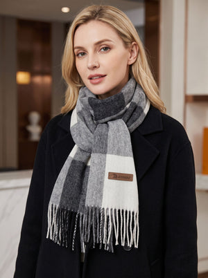 #Black Women Pure Wool Tassel Checkered Scarf