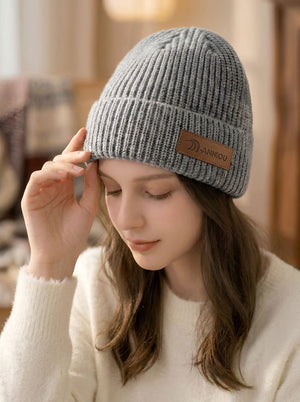 #Grey Women Rib Knit Leather Patch Beanie Hat