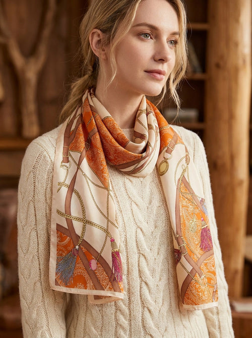 #Orange Women Silk Printed Satin Scarf