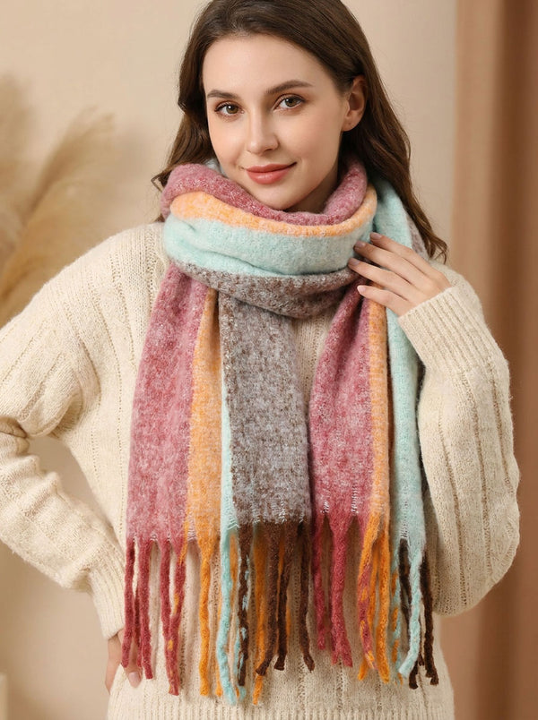 #Rosegold Women Soft Color Block  Fringe Scarf