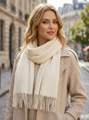 #White Women Solid Cream Herringbone Woven Scarf