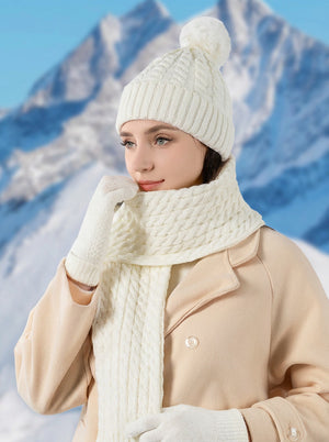 #White Women Twisted Cable Pattern Knit Hat Scarf Gloves Set
