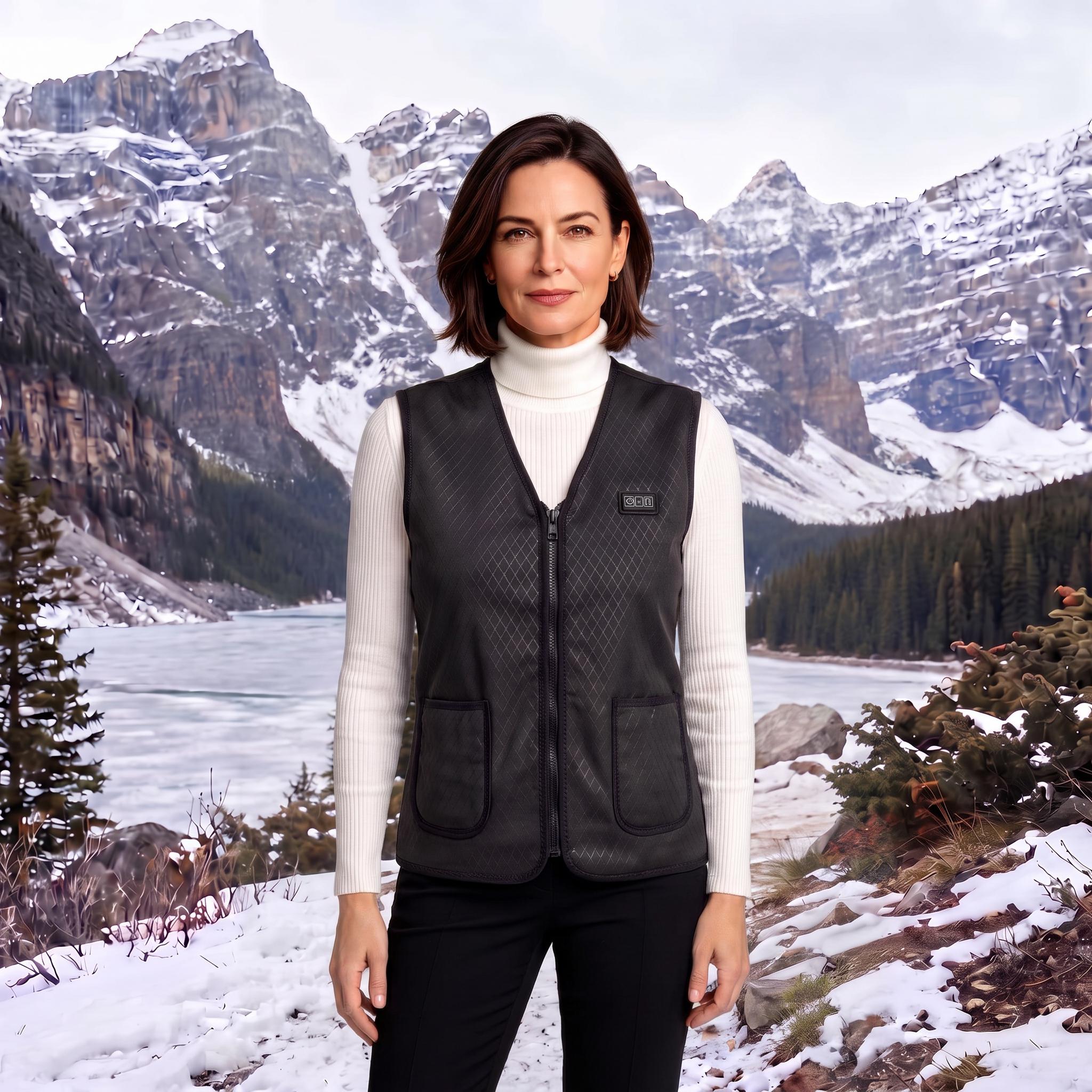 Women Wearing Heated Vest in Snowy Mountain Landscape
