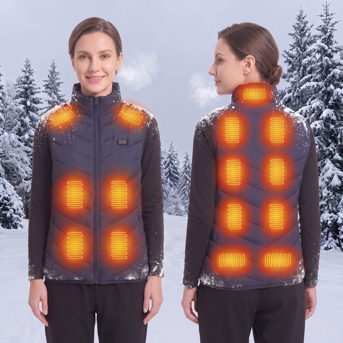 Women navy heated vest showing 15 heating areas, front & back dual view, heating zones highlighted