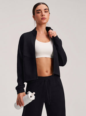 Womens #Black Cropped Stand Collar Athletic Jacket