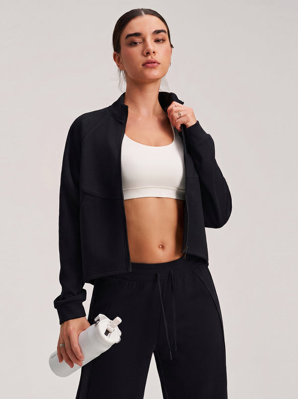 Womens #Black Cropped Stand Collar Athletic Jacket