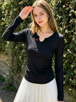 Womens #Black Heart Embroidered Long Sleeve Top