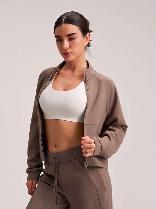 Womens #Brown Cropped Stand Collar Athletic Jacket