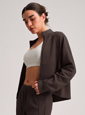 Womens #Coffee Cropped Stand Collar Athletic Jacket