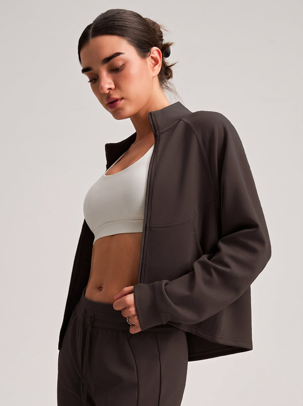 Womens #Coffee Cropped Stand Collar Athletic Jacket