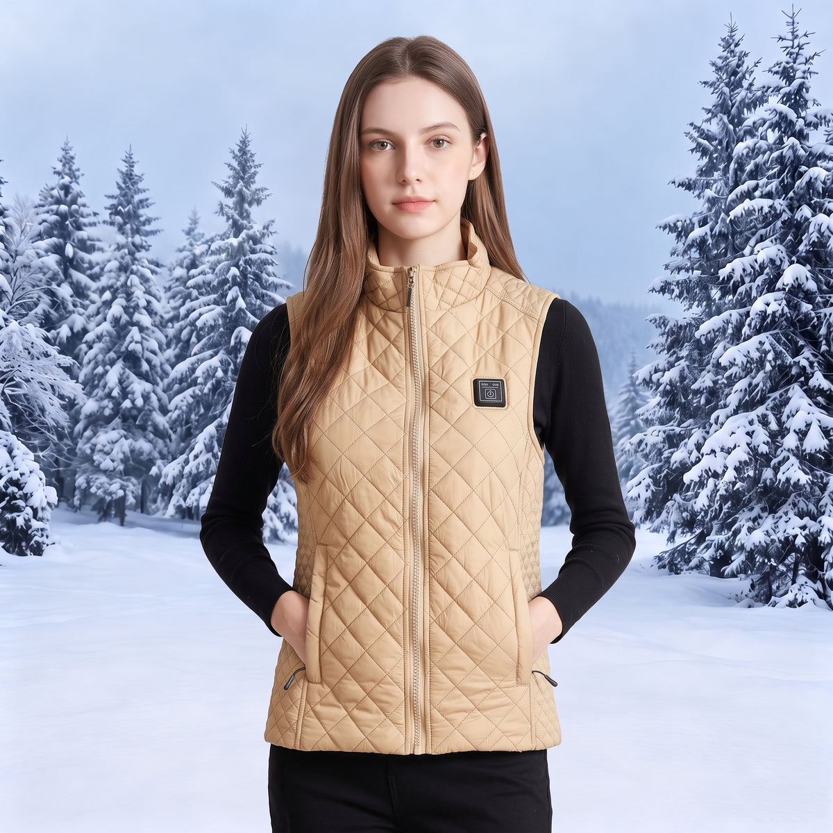 Female model wearing #khaki stand collar heated quilted gilet, zip-up sleeveless warm vest, hands in side pockets, snowy pine forest winter background, women outdoor thermal clothing