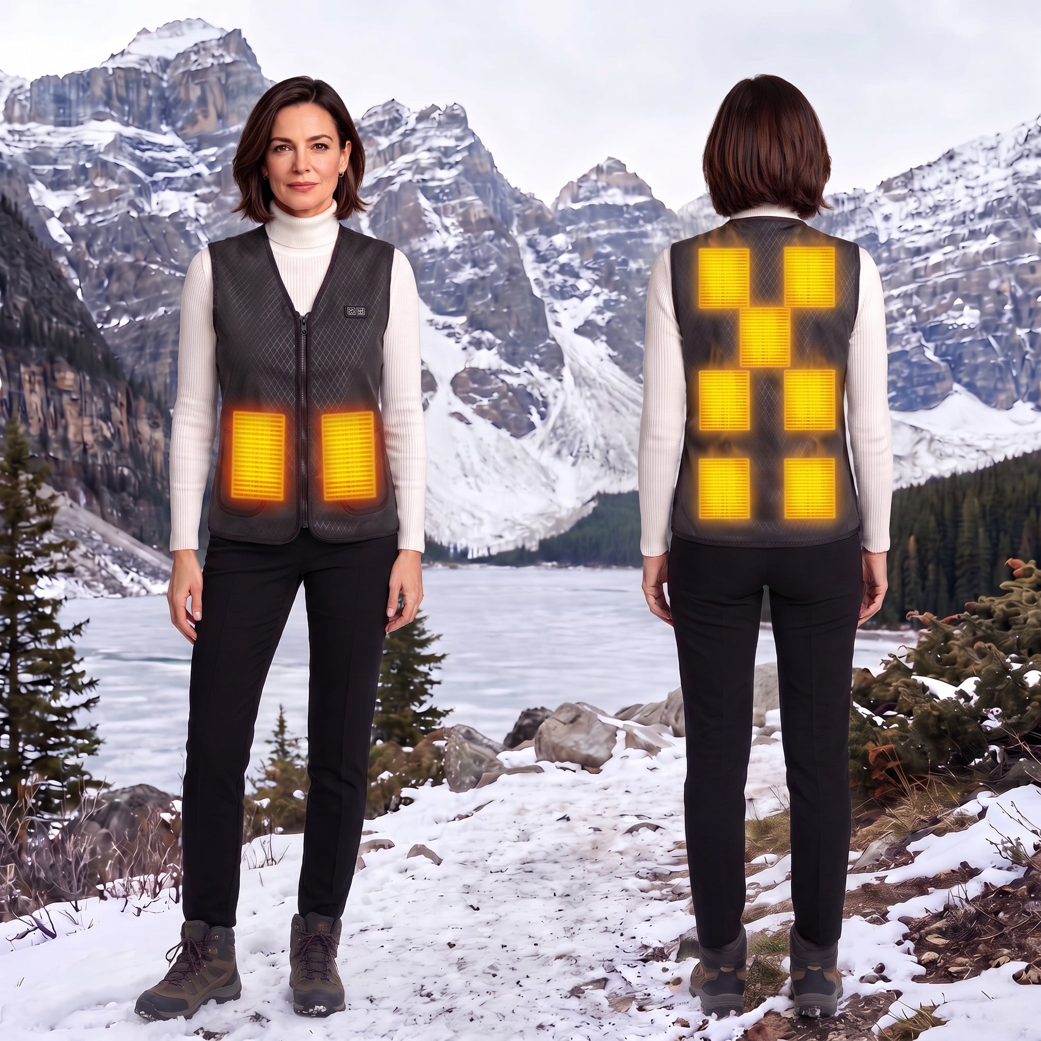 Ladies Thermal Heated Gilet Showing Heating Panels for Outdoor Winter Activities