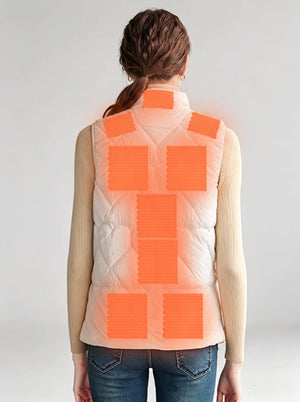 Back view of european woman in #white heated vest, multiple orange glowing heating zones on back, light grey studio background, women electric thermal waistcoat
