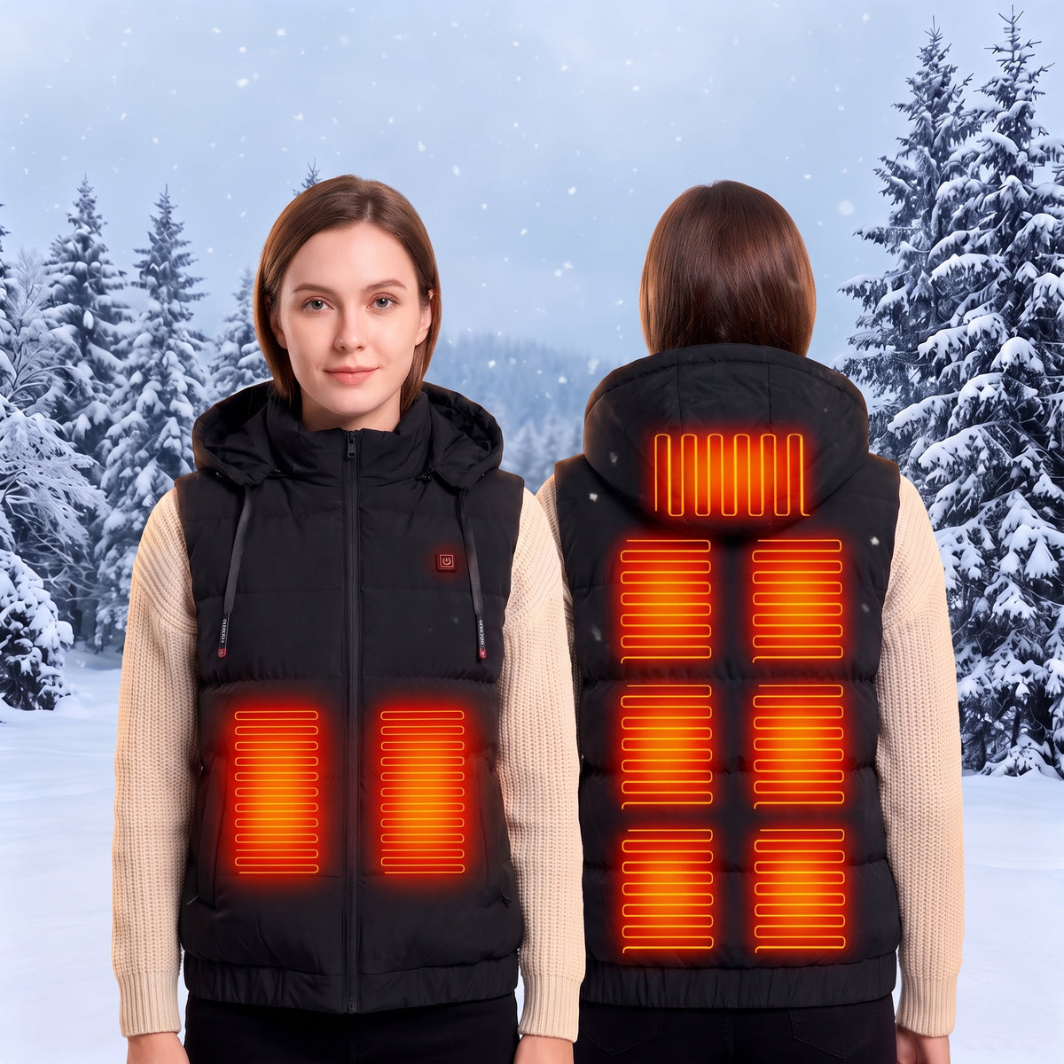 Women's Hooded Heated Puffer Vest with 9 zones