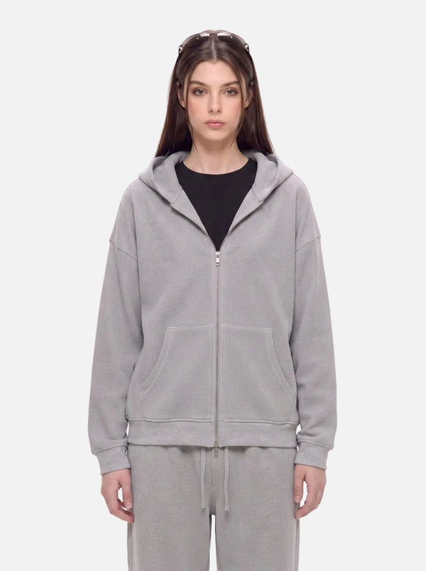 Womens #Lightgrey Waffle Zip Up Hoodie