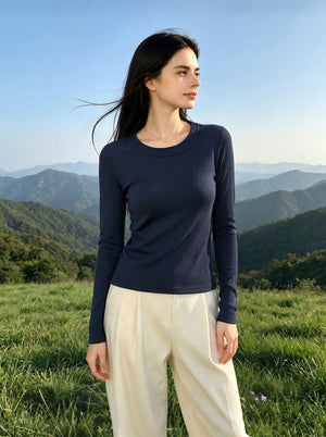 Womens #NavyBlue Wool Blend Crew Neck Base Layer Top