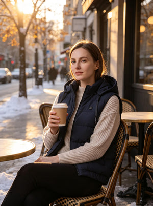 Photorealistic lifestyle photo of a woman sitting at outdoor café on snowy winter street, wearing #navy quilted hooded heated vest with cream knit sweater, holding paper coffee cup, golden sunset warm backlight, thin snow on ground, shallow depth of field, women winter thermal heated vest, outdoor cold weather apparel,