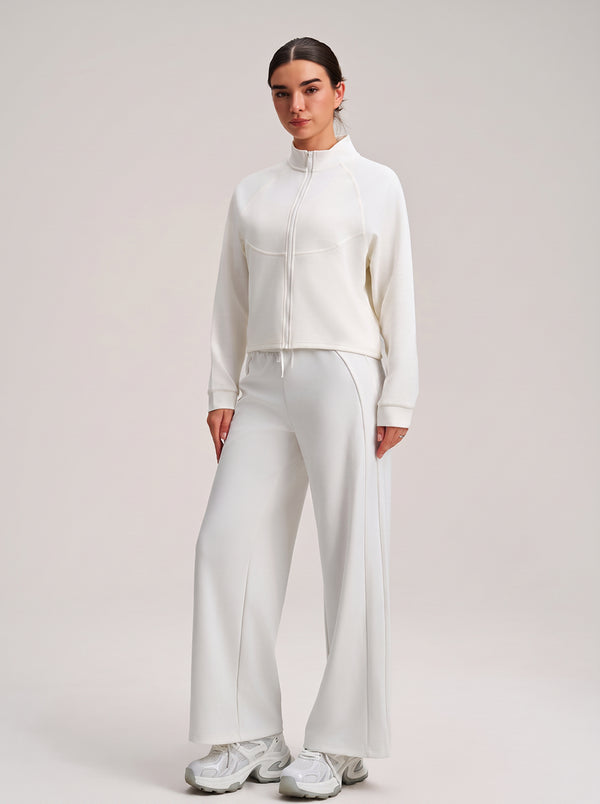 Womens #White Cropped Stand Collar Athletic Jacket