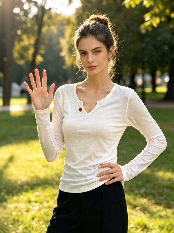 Womens #White Heart Embroidered Long Sleeve Top