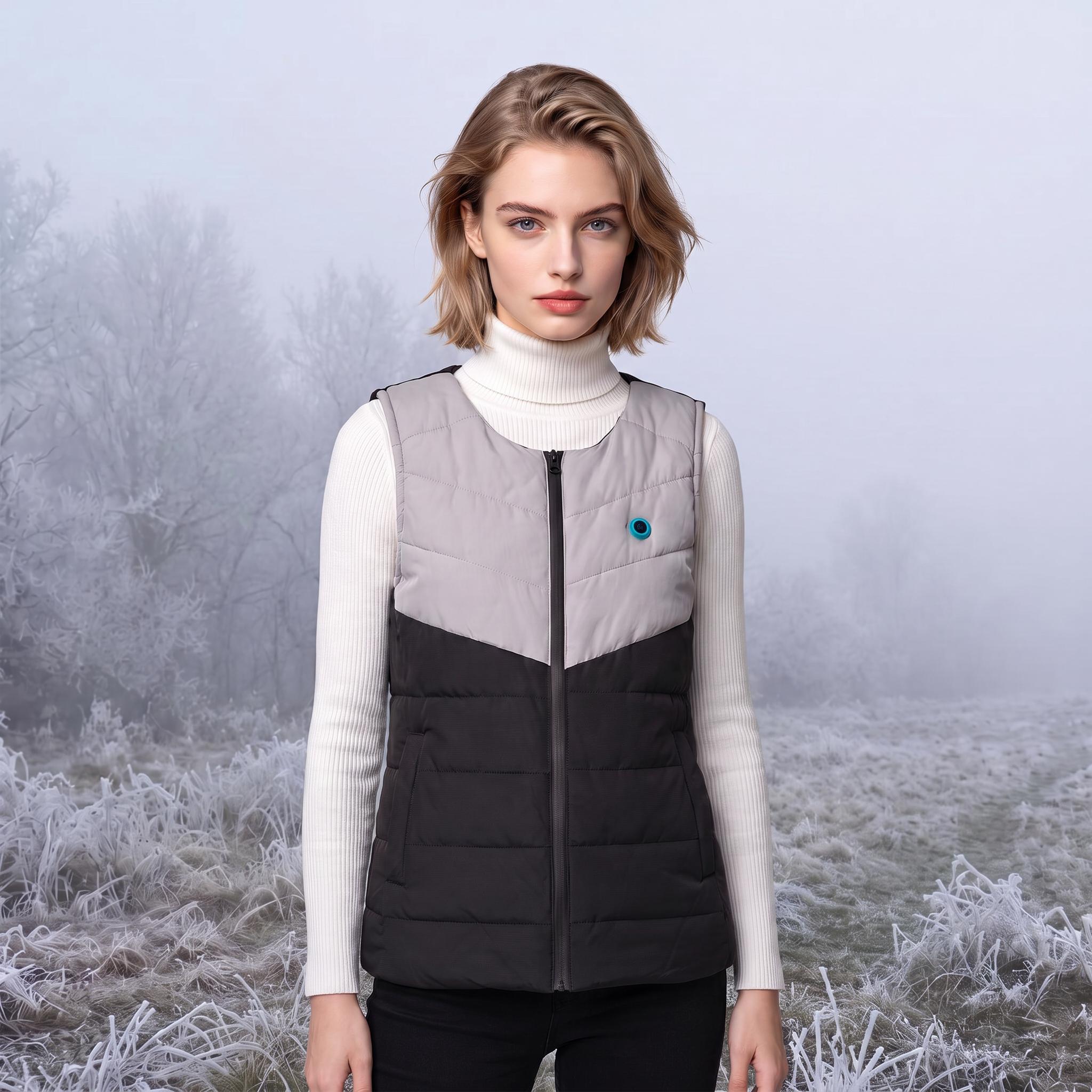 A young European female model wears a two‑tone grey‑black heated gilet over a white turtleneck sweater. She stands in a frosty winter outdoor landscape with frost‑covered plants and misty trees in the background.
